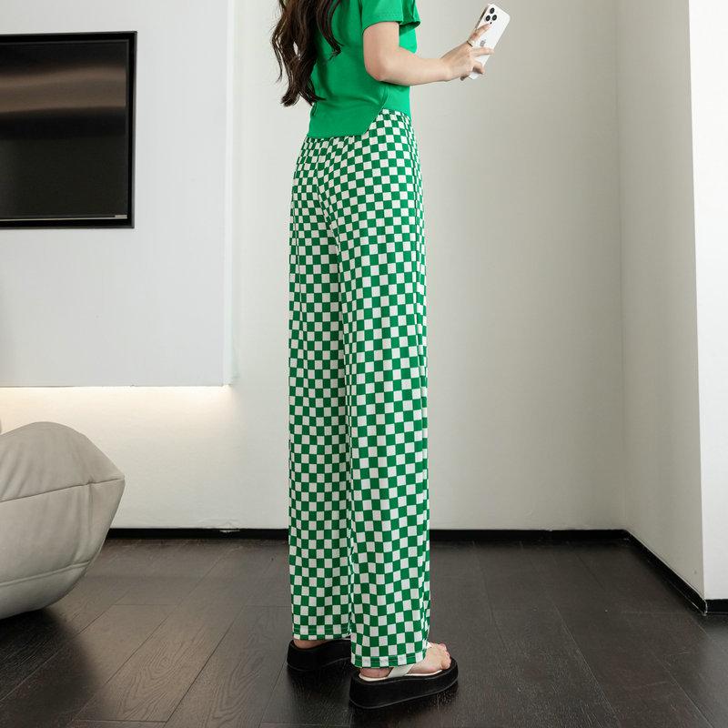 Women's High-Waist Plaid Wide-Leg Pants - Summer Slim Fit, Lightweight, Casual Drape Design