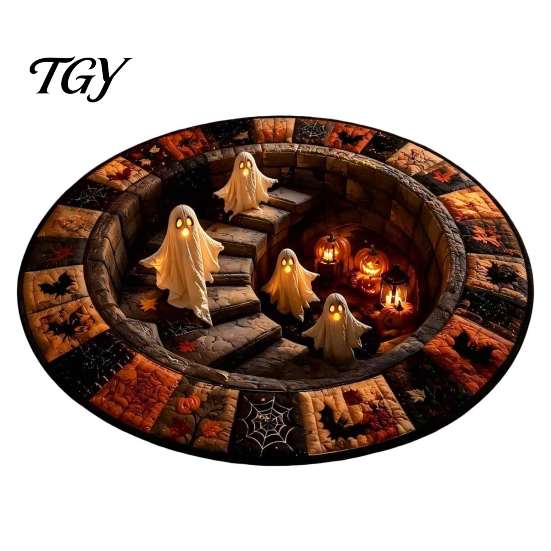 Ghost Pattern Carpet 3D Haunted Staircase Area Rug, Halloween Stair Round with Washable Bedroom Anti-slip Backing, Floor Mat for Living Room Bathroom