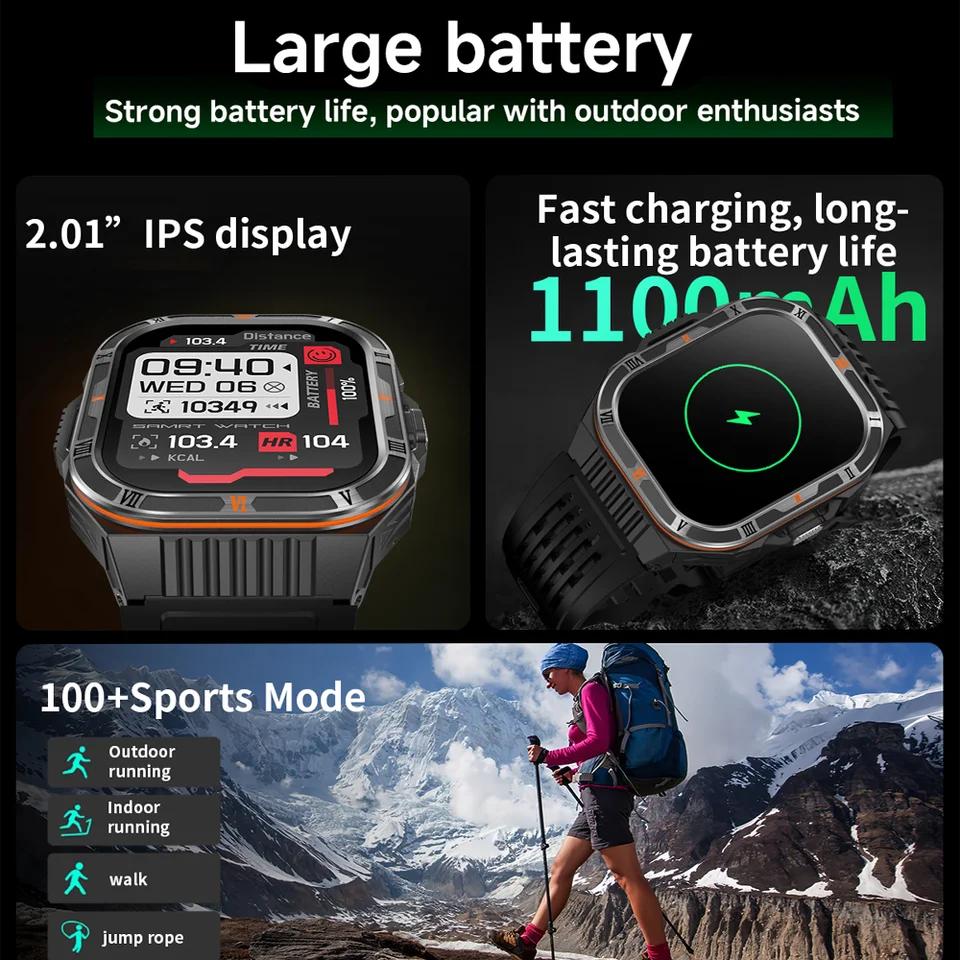 New 1100mAh Battery Outdoor Ultra Durable Men Smartwatch Flashlight Heart Rate Bluetooth Call IP68 Waterproof Sports Smart Watch