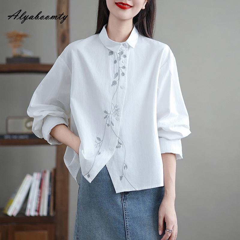 

Жіноча бавовняна блузка в японському стилі весна-осінь з відкладним коміром Біла абрикосова темно-сіра сорочка з квітковою вишивкою Вінтажна блузка з довгим рукавом XXL білий