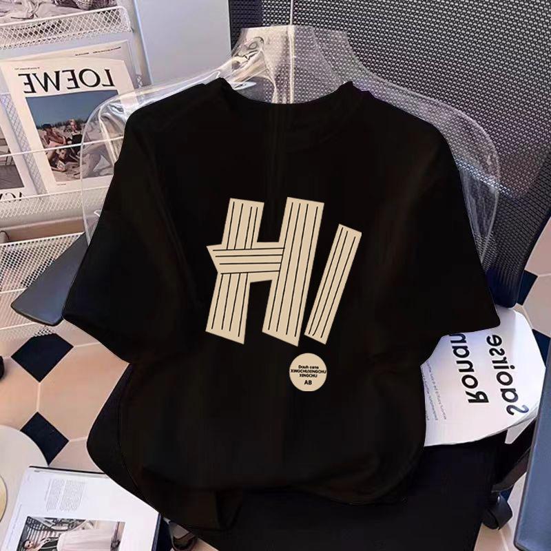 Shoulder Cotton Short-sleeved T-shirt Women's Summer New Fashion Letter Print Crew Neck Black Top