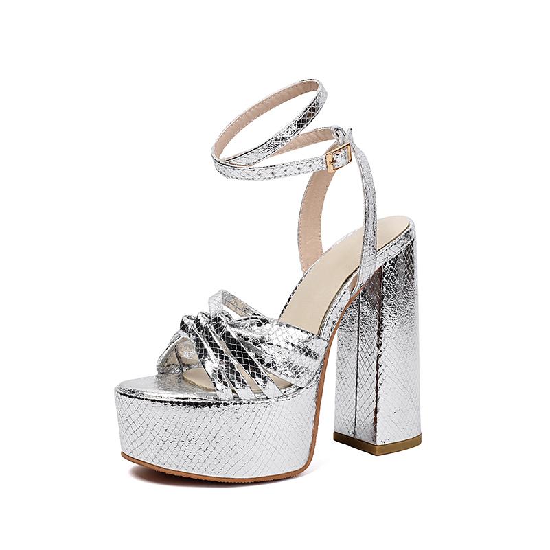 Plus Size Metallic Plaid Microfiber Material Ultra Thick Heel Peep Toe Sandals Ankle Cross Buckle Sexy Elegant High-Heeled Sanda