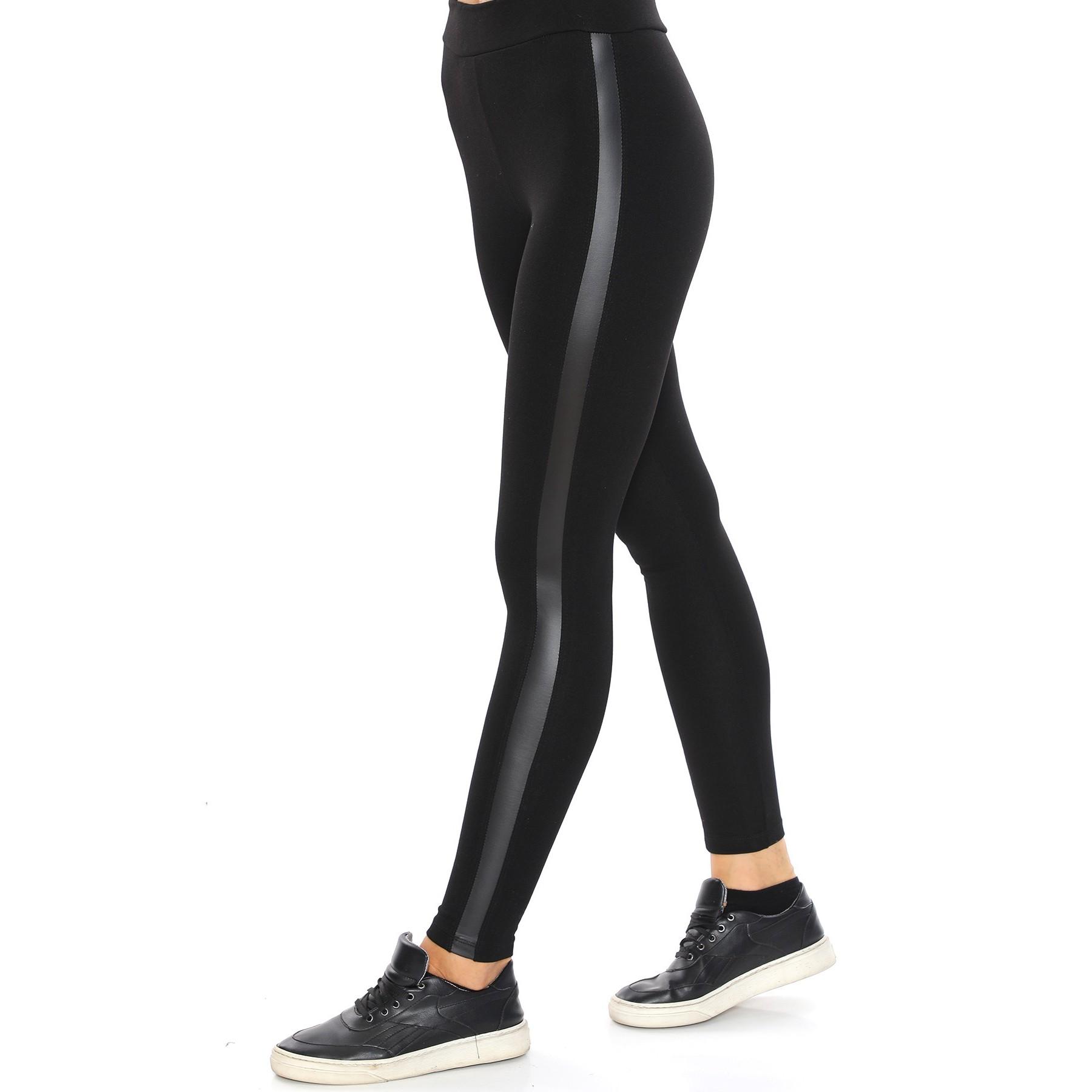 

Черные зимние леггинсы с высокой талией и кожаными полосками по бокам