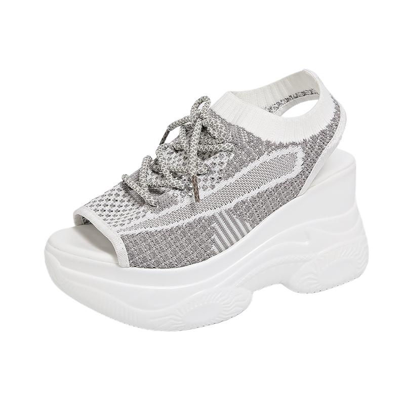 Womens Hollow Out Sport Sandals Fabric Lace Up Footwear Front Vulcanized Shoes For Women Thick Platform Wedge Sandals