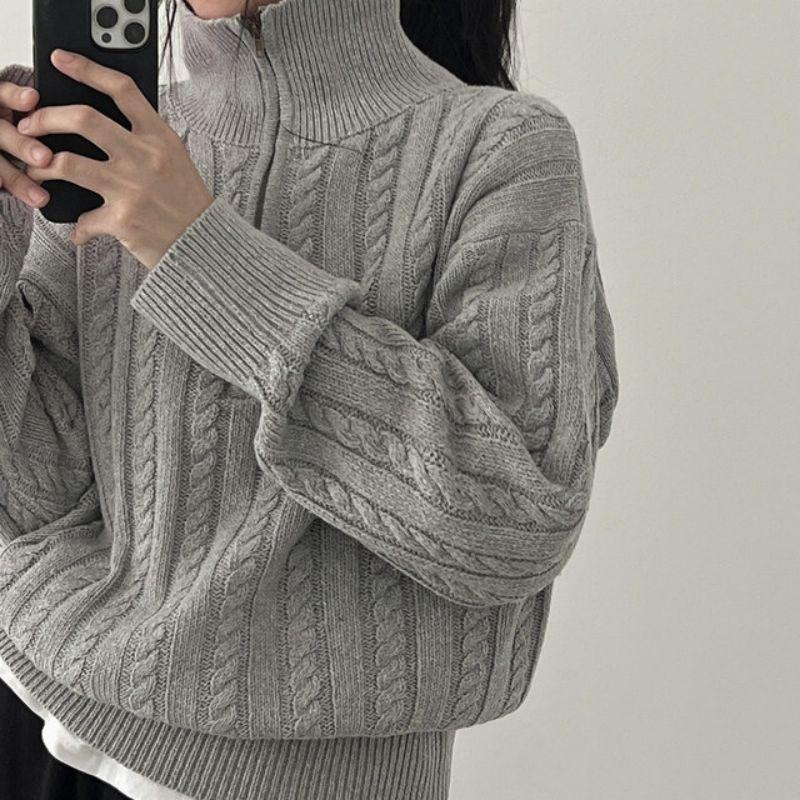 South Korea Chic Autumn and Winter Chunky Knit Top Women Retro Twist Half Zipper Lazy Short Sweater Coat