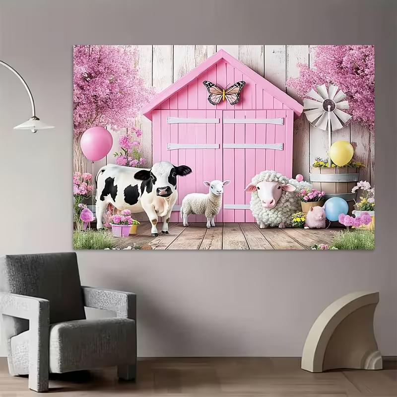 2D Flat Printing Pink Farm Animal Backdrop 210×150cm for Birthday