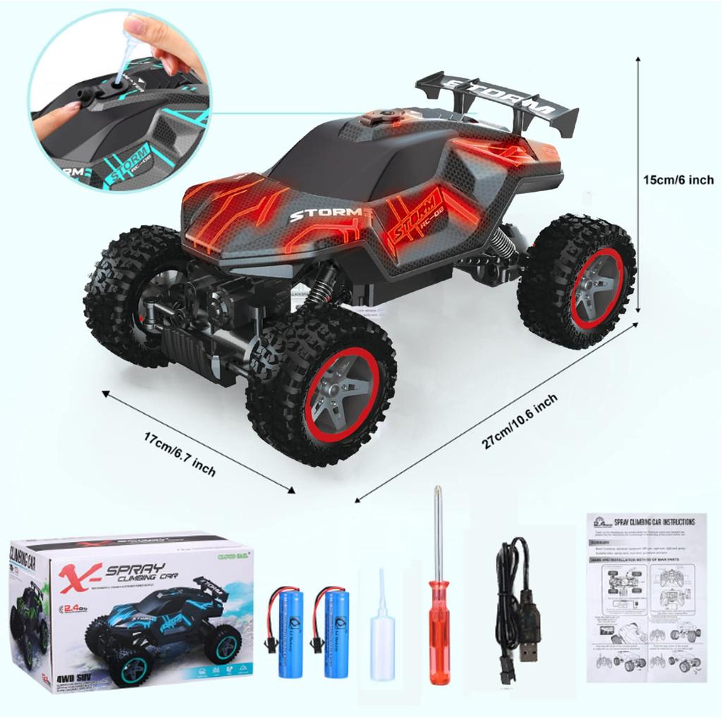 Scale RC Stunt Car for Operation Five Light Water USB Gift 2 Rechargeable 1/16 Off-Road Kids, 70-Minute Time, 4WD, Modes, Spray, Rechargeable, LED,
