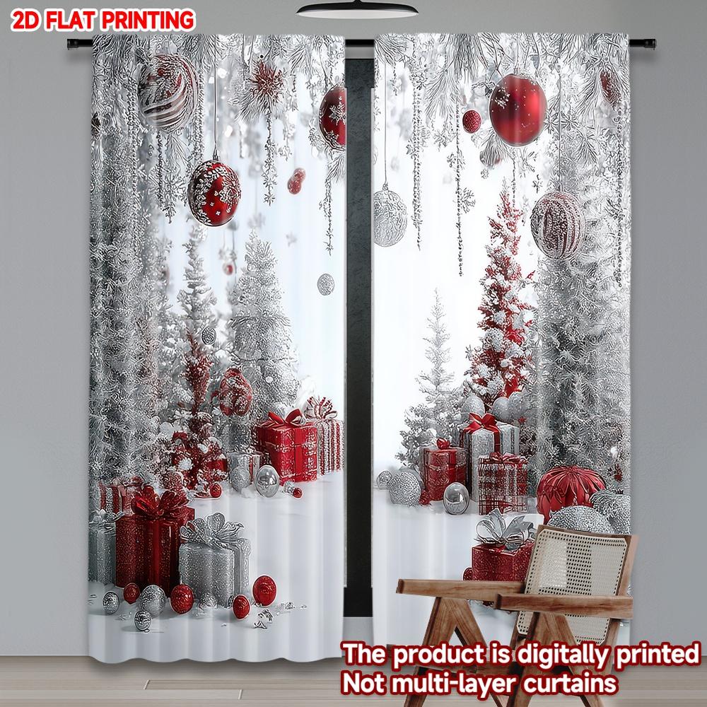 2D flat printing 2pcs Popular Christmas curtains Christmas Red and Silver Digital Printed Polyester Drapes Holiday Decorations