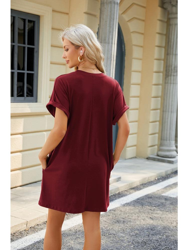 Damen Frühling/Sommer Neuer Rundhalsausschnitt Lässig Locker Kurze Ärmel Knielang Mittellanger Rock für Damen