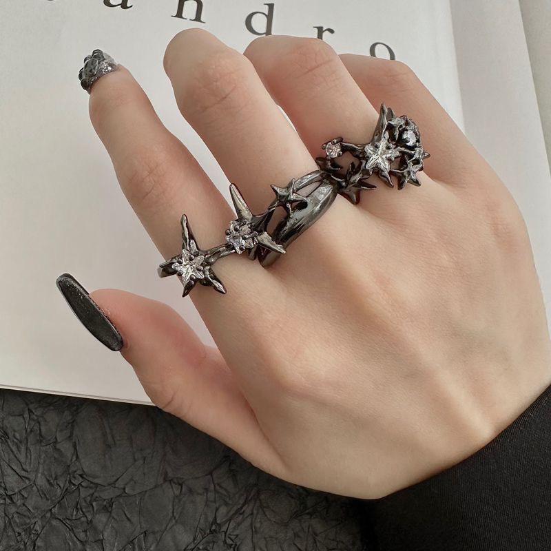 Punk Gothic Inlaid Zircon Star Black Open Ring Neutral Retro Creative Irregular Daily Party Jewelry Gift