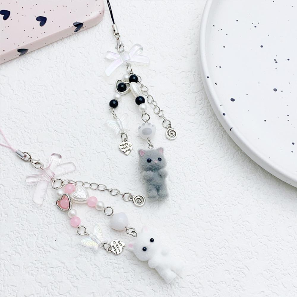 Cute Sweet Bowknot String Beads Flocking Kitty Key Chains Mobile Phone Pendant for Women Exquisite Cat Jewelry Accessory Gifts