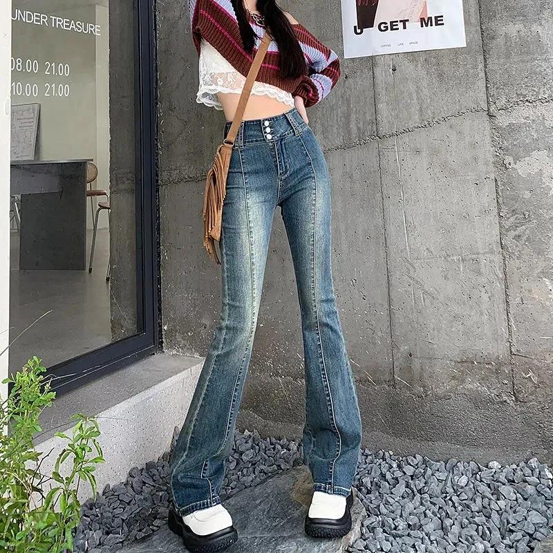 Hotsweet Vintage Slim Bootcut Jeans Spring Autumn High Waist Button Women's Clothing Washed Denim Pants Streetwear Chic Trousers