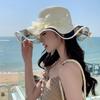 Summer Pearl Floral Straw Hat With Wide Brim For Outdoor Travel Sun Protection