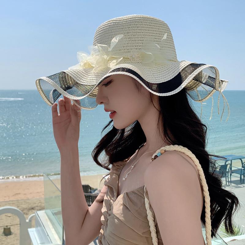 Summer Pearl Floral Straw Hat With Wide Brim For Outdoor Travel Sun Protection