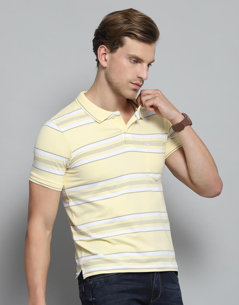 Monte Carlo Mens Striped Yellow Collar Neck Half Sleeve T-Shirt