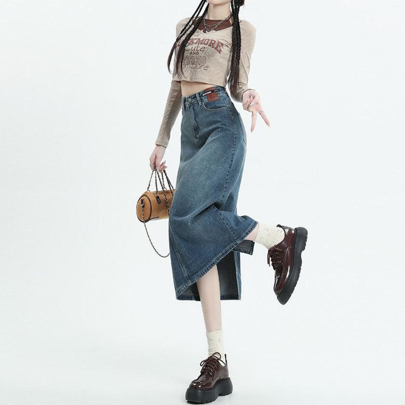 Women Summer High Waist Design Leather Sign Split A-line Package Hip Vintage Mid-Length Skirt Versatile Comfortable Fashion Denim Bustier Skirt