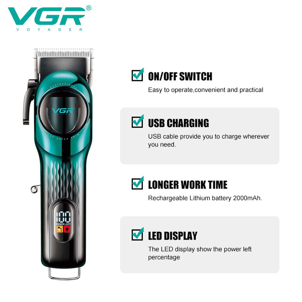 VGR 166 Professional Intelligent Digital Rechargeable Hair Clipper with Gradient Ribbon Base Adjustable Electric Push Shear Hair Clipper Shape Carving
