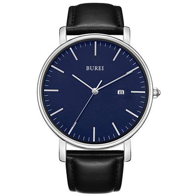 BUREI Men's Leather Watch, Simple, Waterproof, Analog, Business, Popular, Date Display, Quartz Movement, WhiteBlack, Stylish, Slim Design