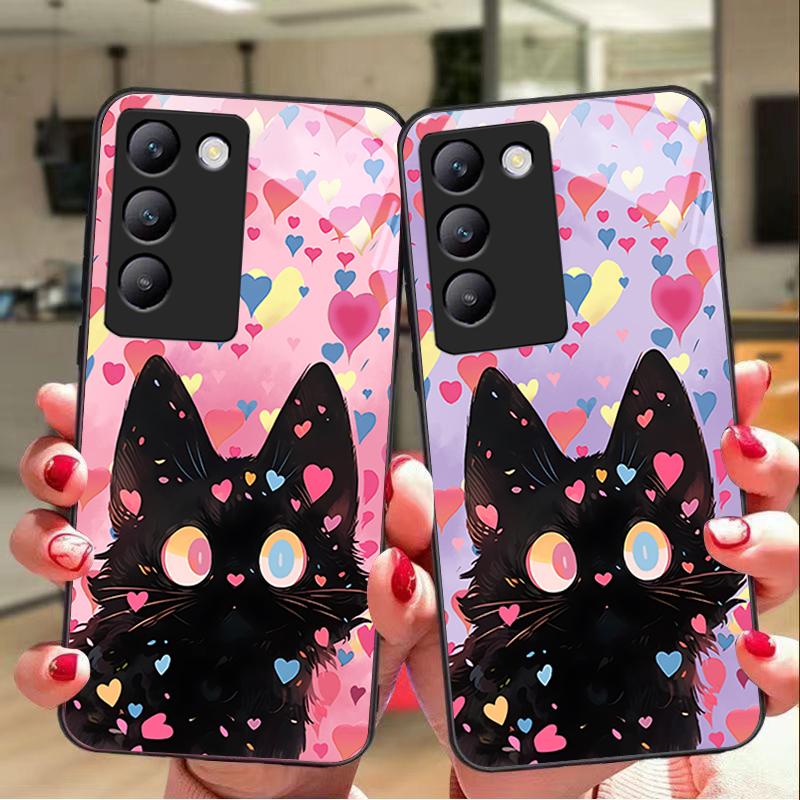 Niedliche kleine Katze für Y72 33S 11 03 36 96 Lite 35 16 Iqoo 12 V40 SE 5G 29 40 21 30 X80 Pro Vivo Handyhülle aus gehärtetem Glas Schwarz