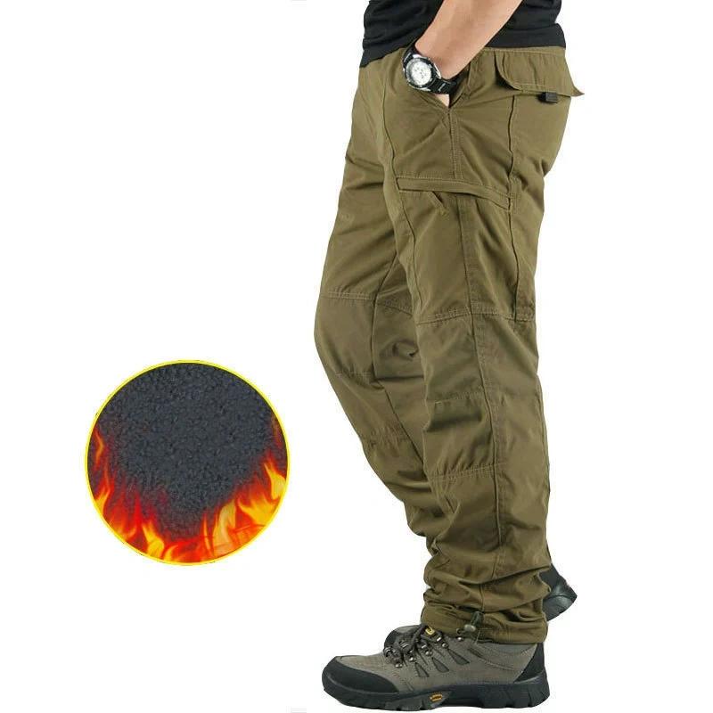 Autumn Winter Thicken Fleece Pants Men Casual Warm Overalls Multi-pocket Trousers Thermal Cargo Pants Mens Clothing Plus Size
