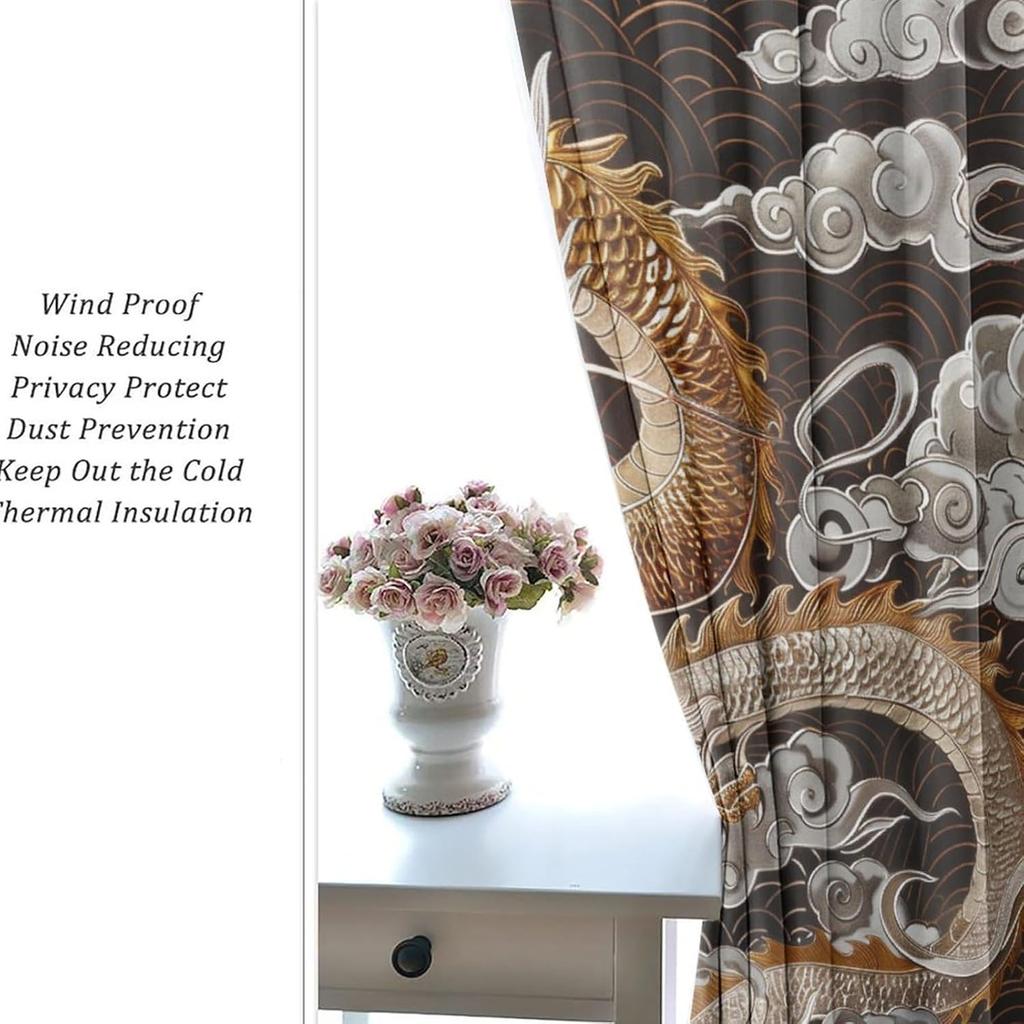 Traditional Chinese Dragon Blackout Curtains, Fantasy Cloud Golden Asian Grommet Thermal Insulated Curtains Window Drapes for Bedroom Living Room, 2