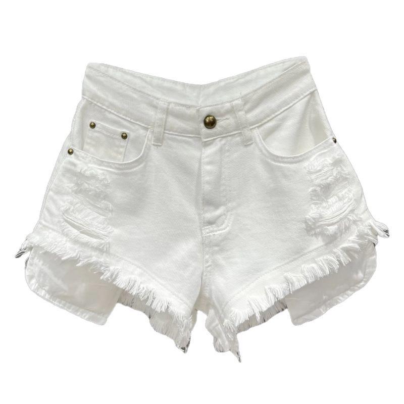 2026 Women's High-Waisted White Denim Fringed Shorts: Stylish A-line Summer Hot Pants
