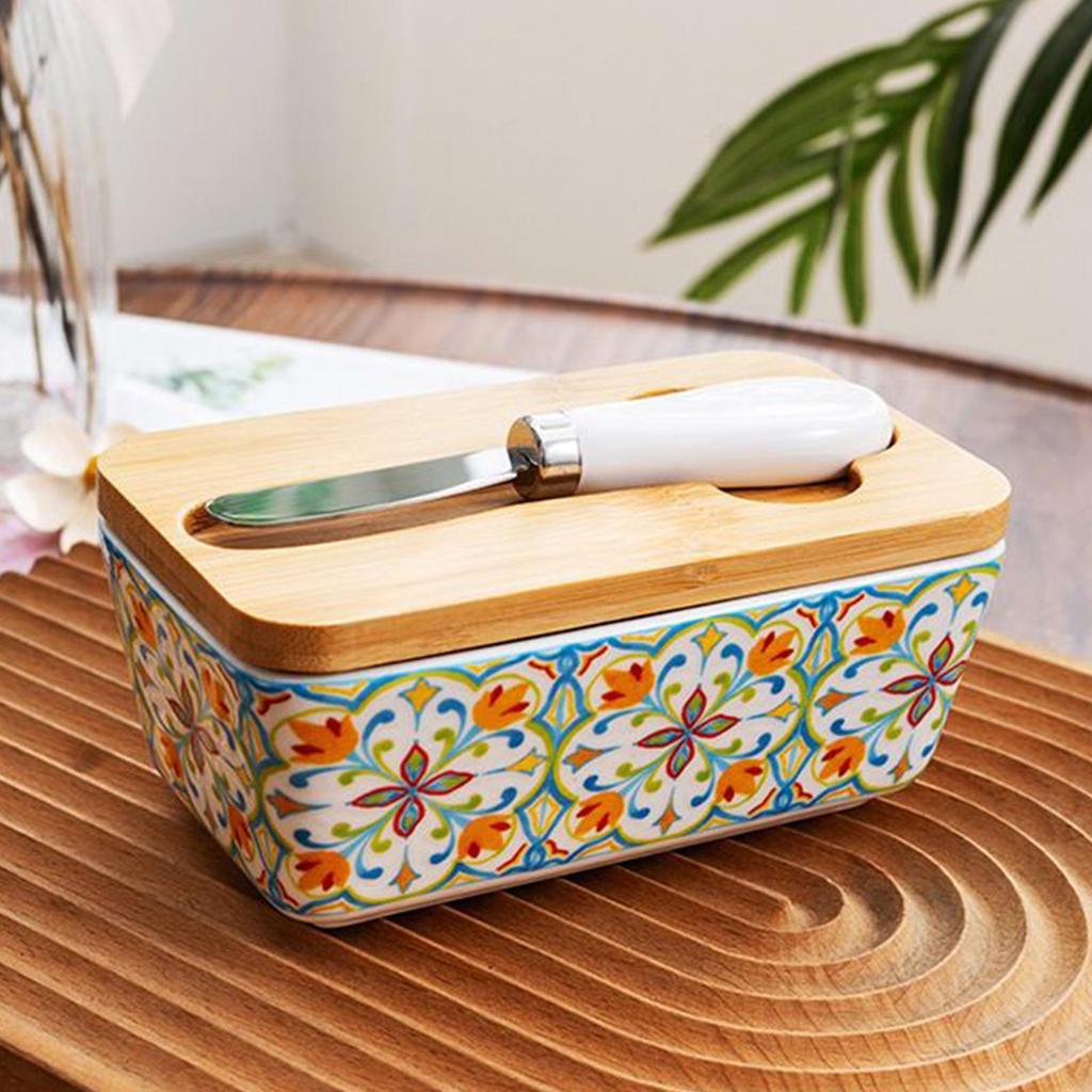 Butter Container Ceramic Box Restaurant Sealed Storage Box Cheese Box with Knife Butter Slicer Butter Dish Tableware