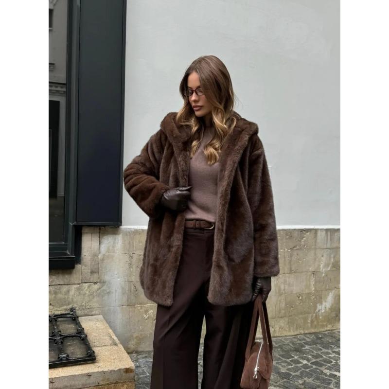Women Mid Length Hooded Belted Faux Mink Fur Winter Overcoat
