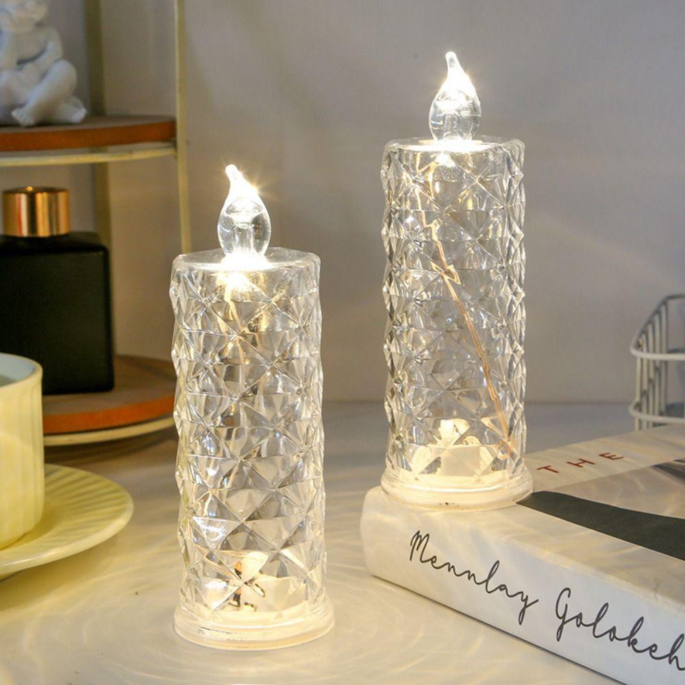 2Pcs Rose Projection Crystal LED Candle Light Battery Powered Transparent LED Crystal Table Lamp Soft Light Romantic Atmosphere