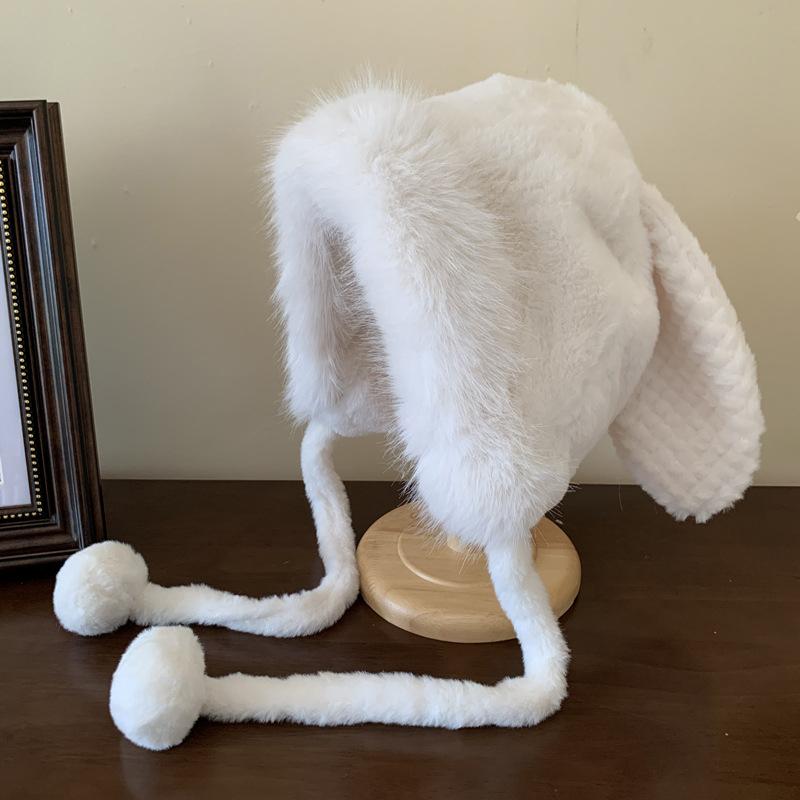Cute Rabbit Ear Plush Warm Hat for Women Soft Faux Fur Ear Protection Beanies Cap Korean Girl Solid Color Windproof Snow Caps