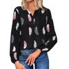 Ladies Fashion New Feather Print Notched Neck  Sleeve Blouse Long Sleeve Tops