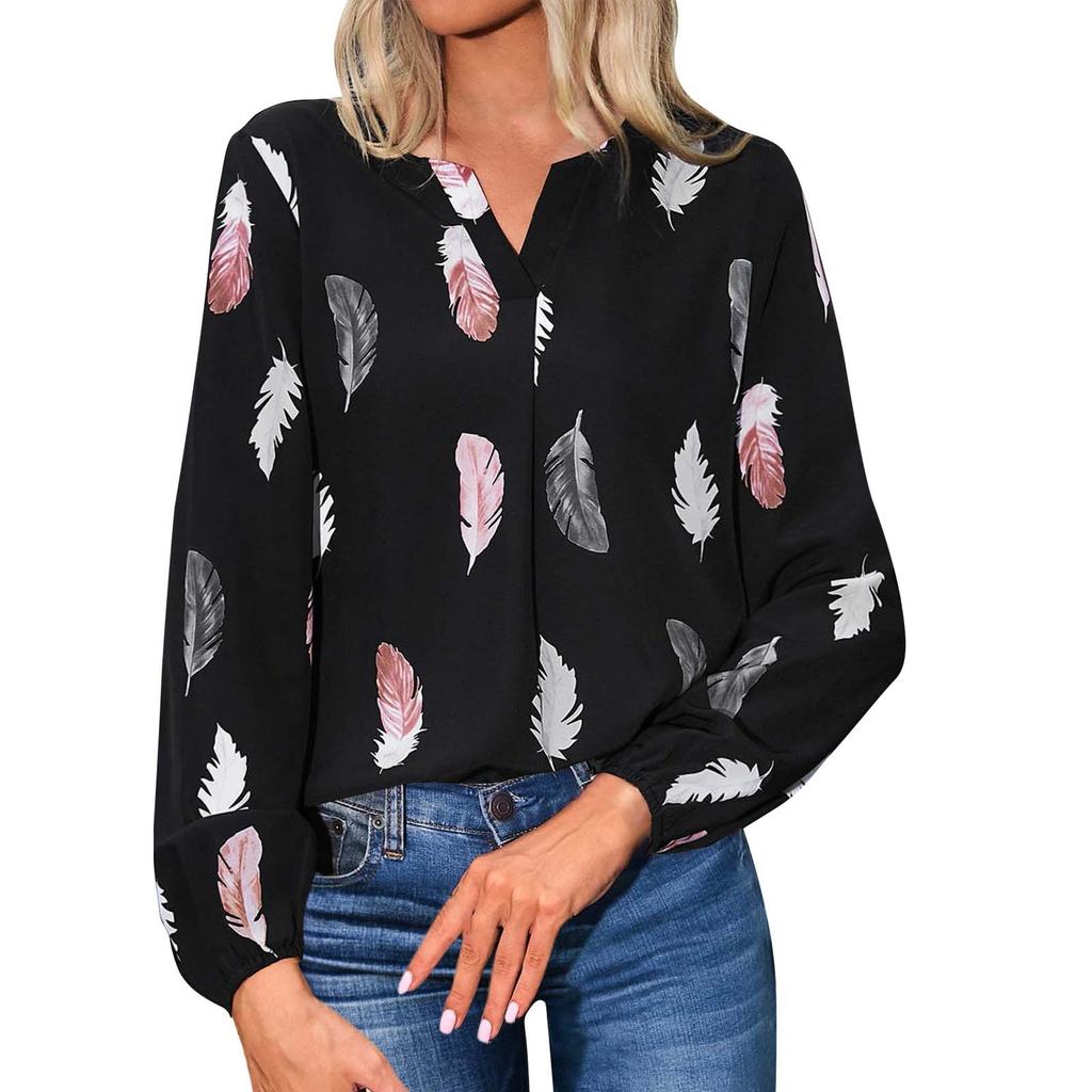 Ladies Fashion New Feather Print Notched Neck  Sleeve Blouse Long Sleeve Tops