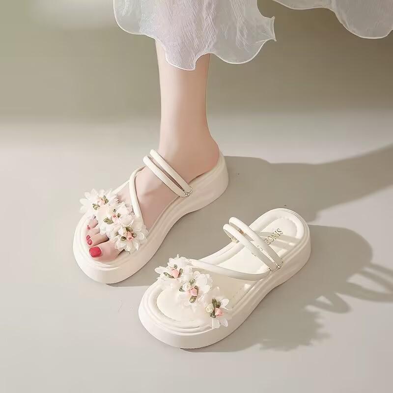 

Two women s new platform slippers with skirts, beautiful flowers, beach sandals 40