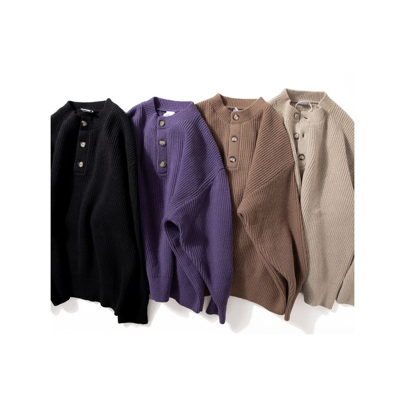 Heavyweight Thick American Retro Henley Collar Thick Knit Sweater for Men, Japanese Style Loose and Relaxed Sweater Jacket