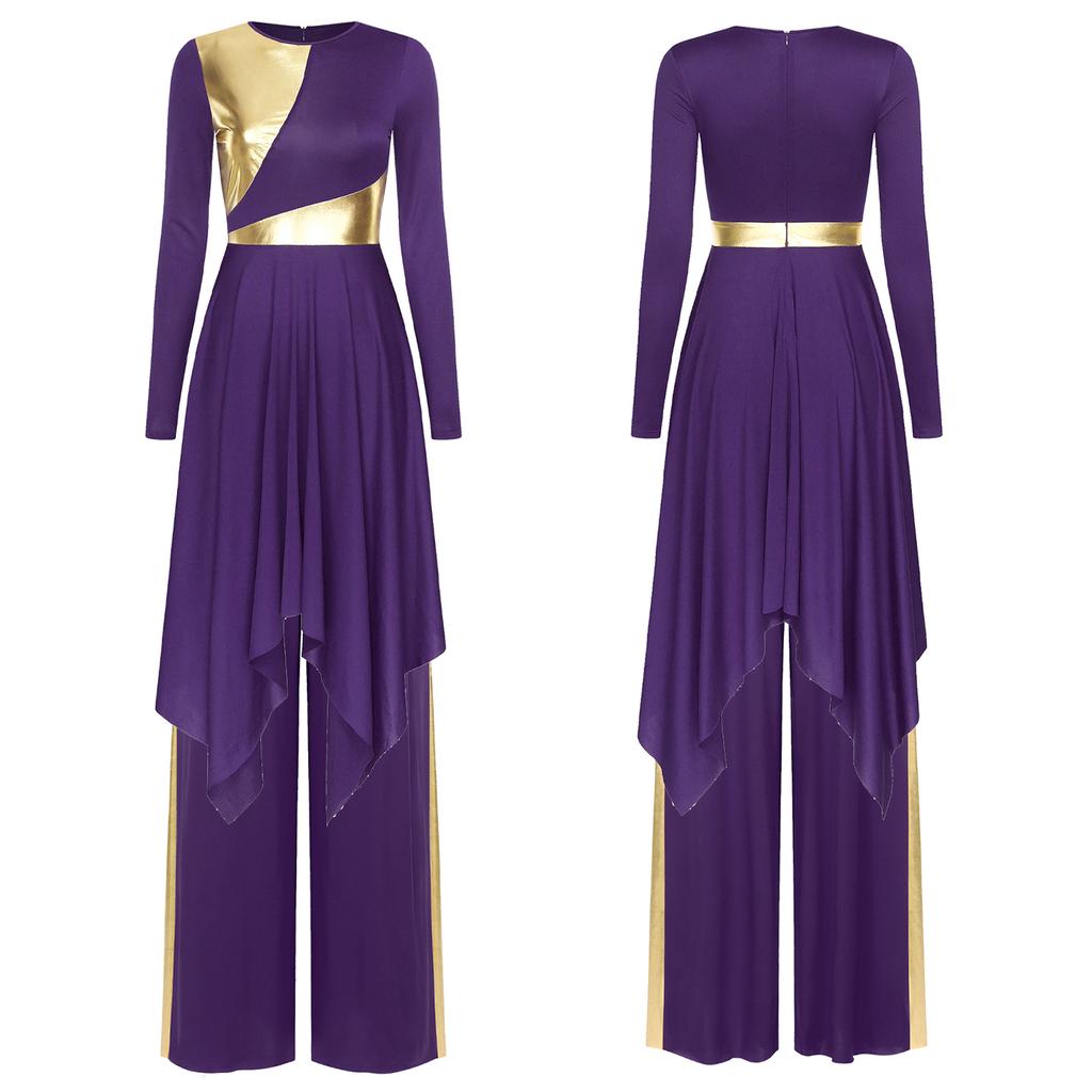 Ladies Long Sleeve Liturgical Dance Dress Metallic Color Block Irregular Hem Wide Leg Pants Church Worship Wear