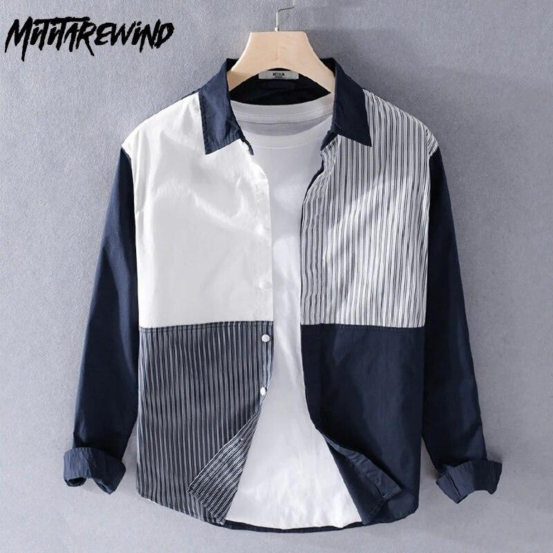 

Весенние и летние рубашки с длинным рукавом для мужчин Молодежная уличная одежда Мужские топы из чистого хлопка Мужская одежда Лоскутная полосатая рубашка Корейская модная мужская рубашка M