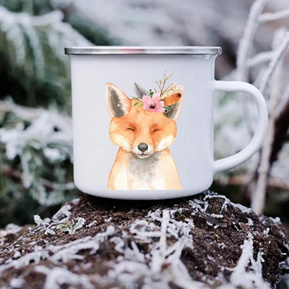Cute Cartoon Animal Deer Raccoon Owl Print Mugs Creative Enamel Coffee Mugs Children Kids Breakfast Milk Dessert Cups Child Gift