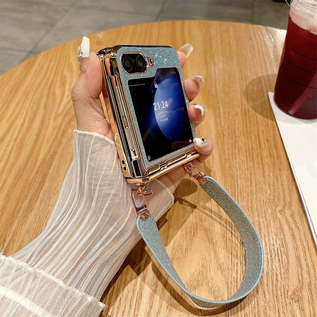 For Samsung Galaxy Z Flip5 5G/Z Flip6 5G Case Hinge Protection Hard PC Glitter Phone Cover with Wrist Strap