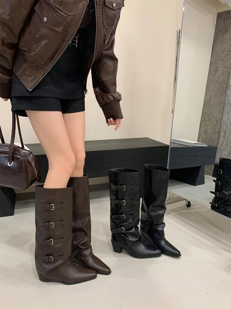 Heel Pants Boots Belt Buckle Boots 2025 Fall/Winter Pointed Western Cowboy Boots Vintage Spice Girl Knight Boots