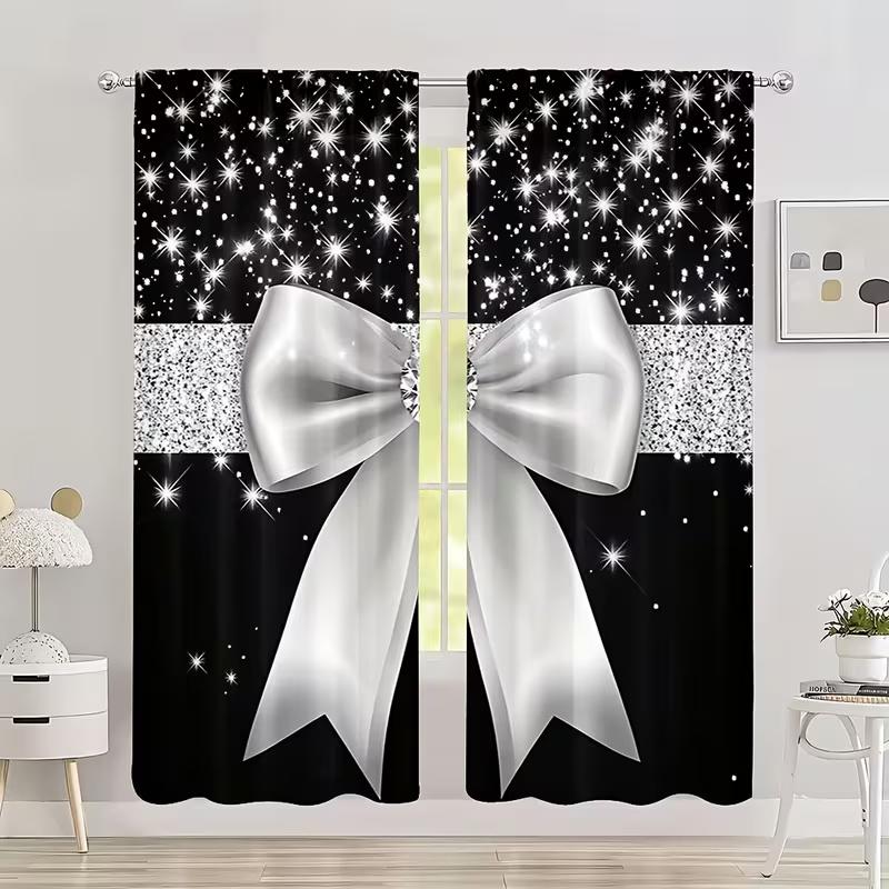 2 Pcs Crystal silver bow print curtains,suitable for bedroom,living room kitchen decoration,home decoration,window decoration
