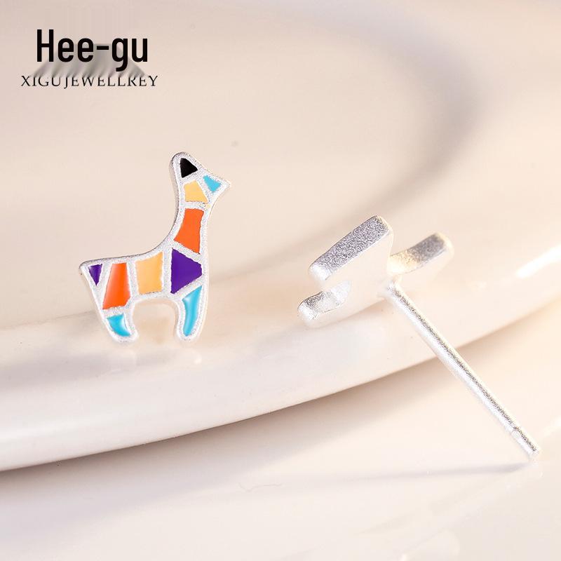 Higu S925 Silver Frosted Colorful Giraffe Stud Earrings - Cute Christmas Gift