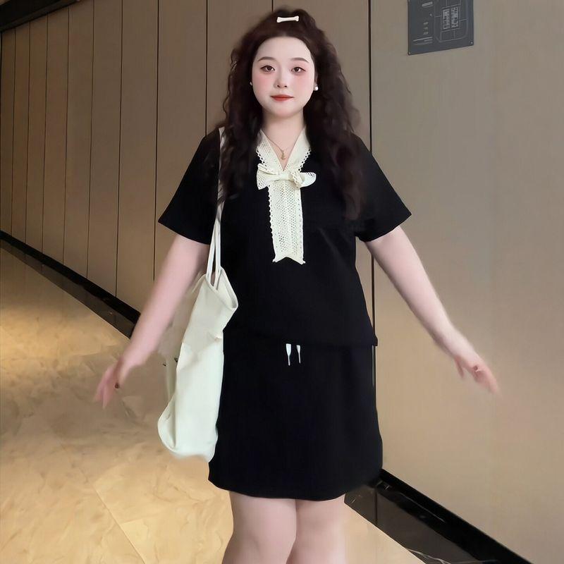 

Plus-Size Women s Clothing for Fat Girls, Korean Style V-Neck Bow Top + Short Skirt, 2026 Summer Elegant Slimming Two-Piece Set Black L