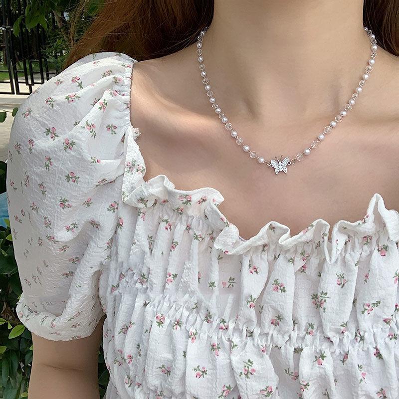 Sweet super fairy small fresh butterfly pearl necklace female~ Mori girl heart crystal pearl collarbone chain jewelry