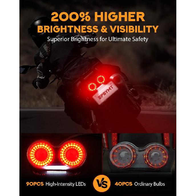 PBYMT Enhanced Motorcycle Tail Light, 90LEDs Break Light Running Lights, IP67 Waterproof Turn Signals With License Plate Bracket Compatible With