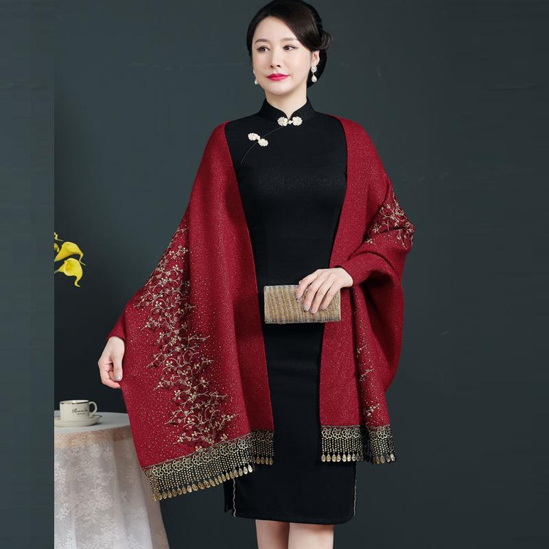 Versatile Scarf with Rhinestones for Women, Cheongsam Shawl, Imitation Cashmere, European and American Style, Hollowed-out Tassels, Thickened Cape