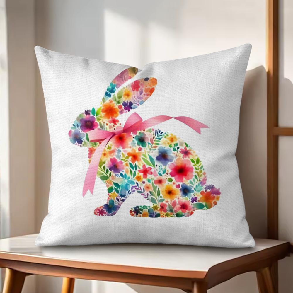 Cute Easter Bunny Cushion Cover Natural Linen Organic Fabric DoubleSided Printing Couch Pillow Covers Home Decor