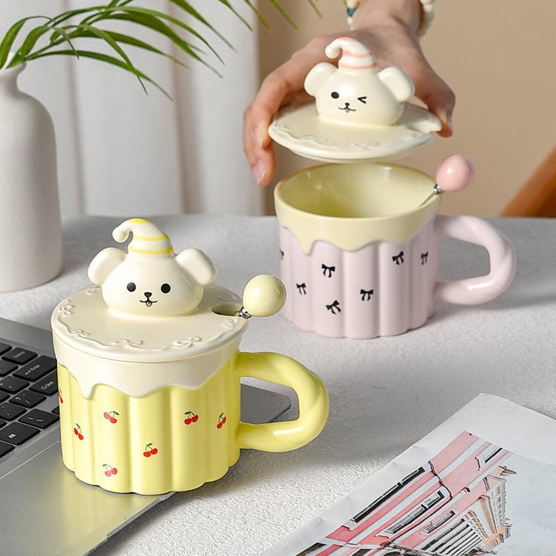 Cremiger Welpe Besonders Schöne Frühstückstasse mit Deckel Löffel Große Kapazität Tasse Niedliche Kindertasse Keramik