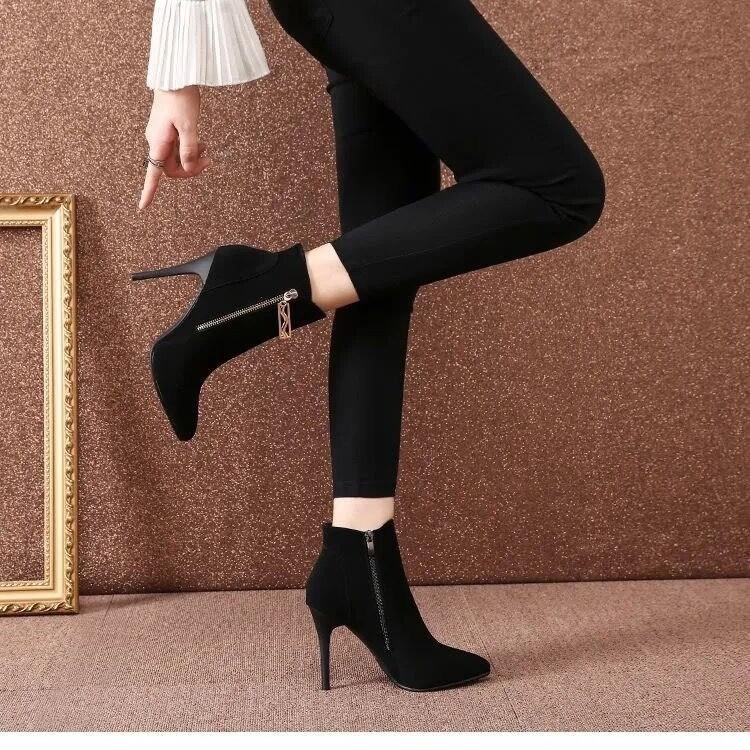 Mode Frauen Stiefel Herbst Stiefeletten für Frauen Dünne Ferse Zipper Casual Weibliche Schuhe Leder Stiefel Botas Frauen Schuhe