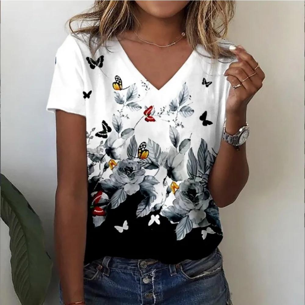 Summer New Style Floral 3D Print Casual V-Neck Women Short Sleeve Comfortable Polyester Fiber Fashion
