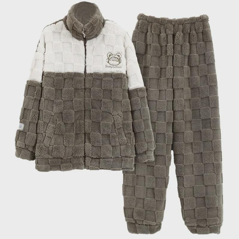 Damska przytulna flanelowa piżama zimowa - Gruby polar koralowy, duży rozmiar, idealna do noszenia w domu lub na zewnątrz jesienią i zimą.